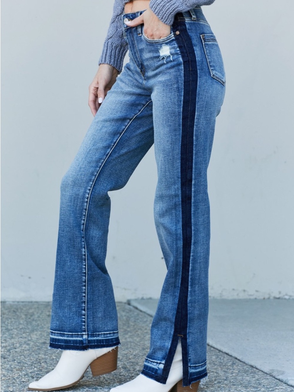 Judy Blue Two-Tone Side-Stripe Flare Jeans in Light & Dark Blue